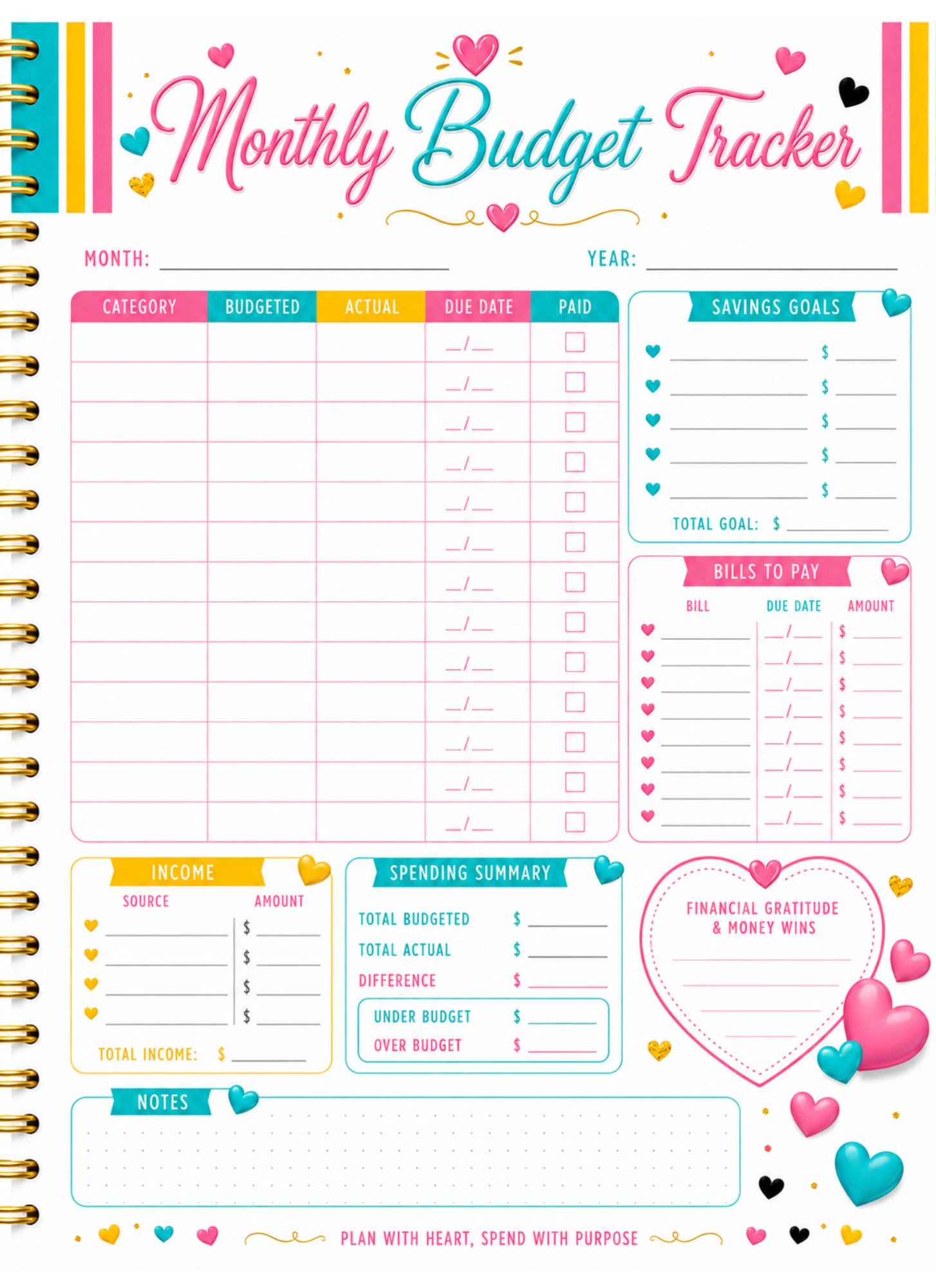Monthly Budget Tracker — Printable Finance Page | Colorful Heart Design | Instant Download
