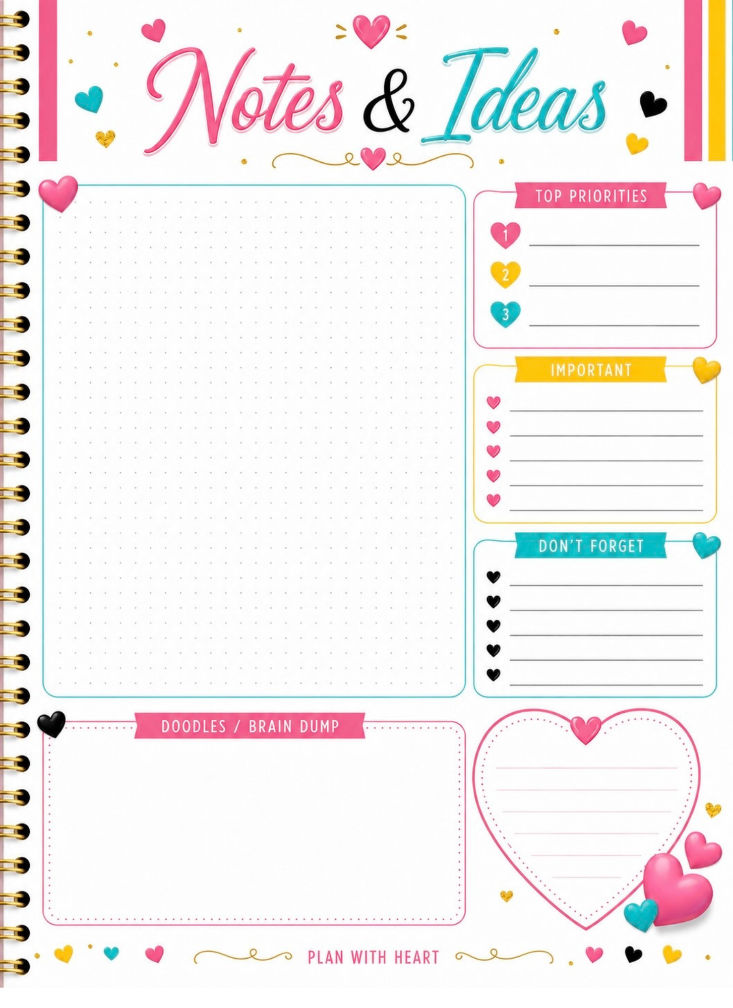 Notes & Ideas — Printable Planning Page | Colorful Heart Design | Instant Download