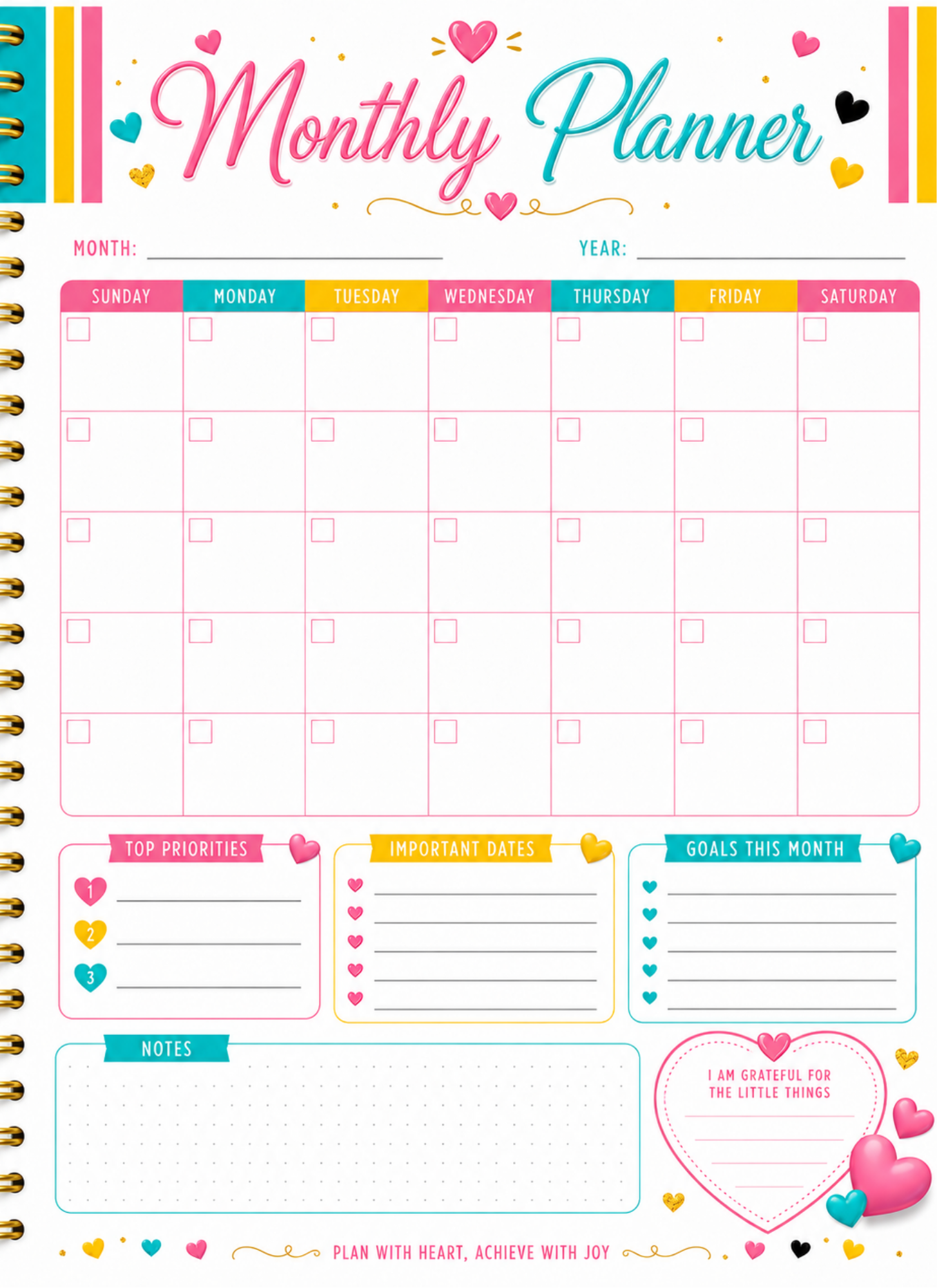 Monthly Planner — Printable Planning Page | Colorful Heart Design | Instant Download