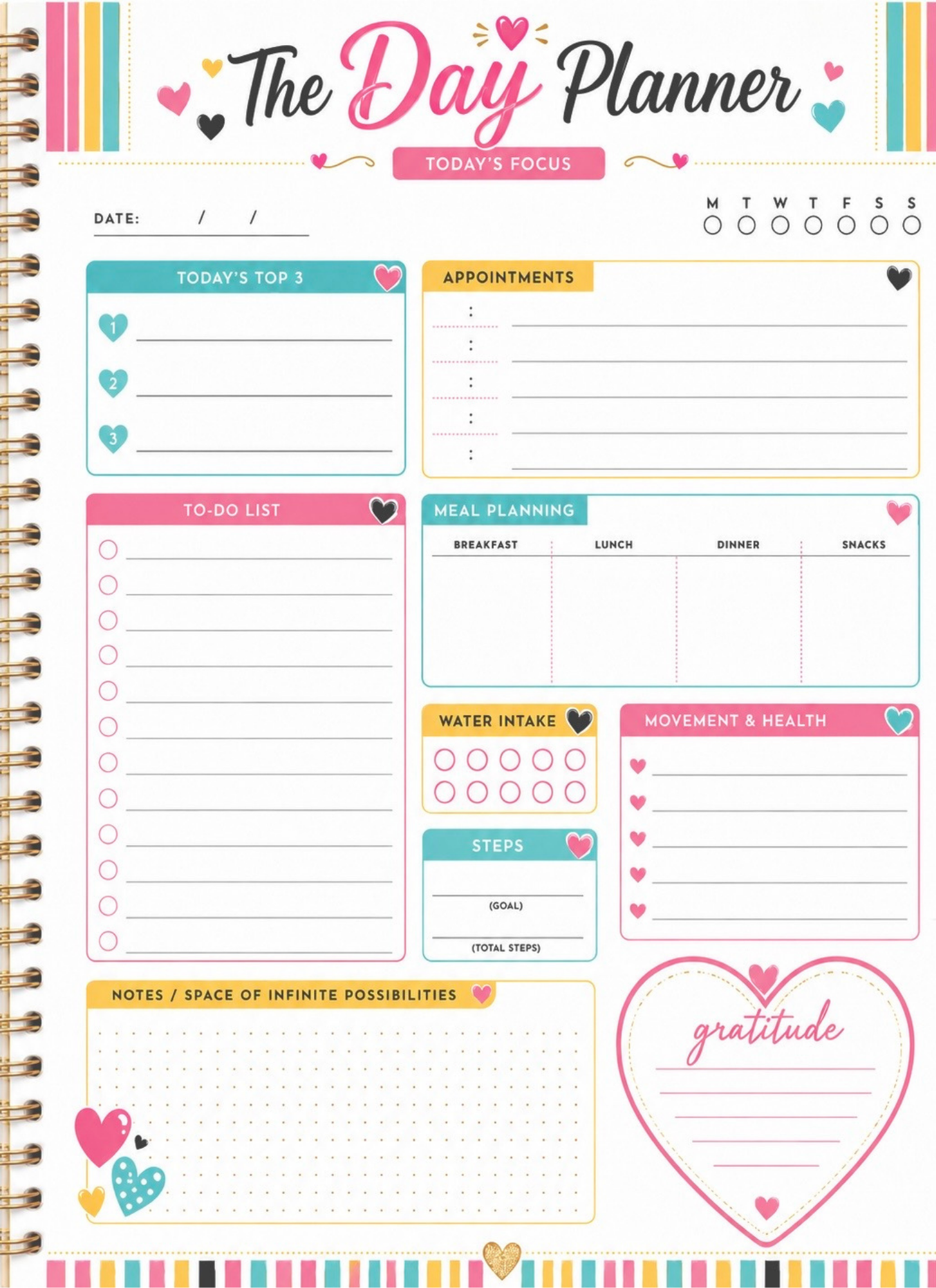The Day Planner — Printable Daily Planning Page | Colorful Heart Design | Instant Download